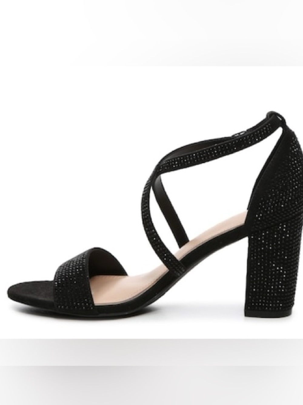 Kelly & Katie Black Rhinestone Crisscross Block Heel Sandals